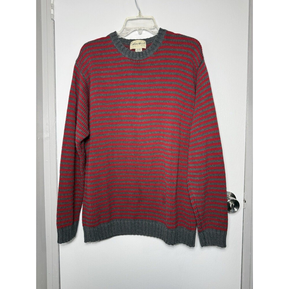 Vintage Eddie Bauer Men's Red Grey Stripe Chunky Ribbed Knit Cotton Sweater- Med